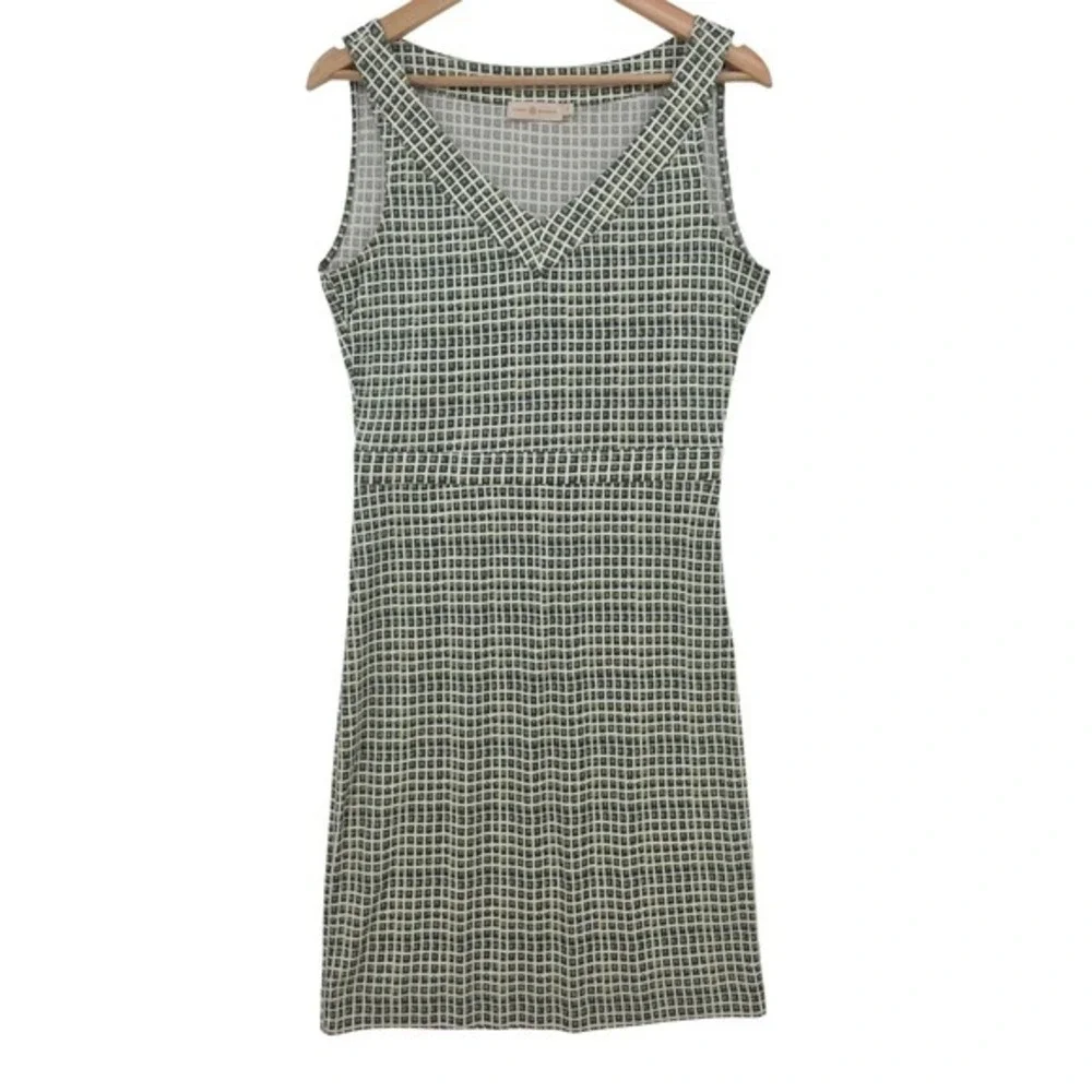Tory Burch Women S Green White Geometric Print V Neck Sleeveless Silk Midi Dress